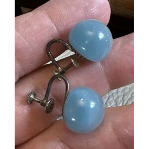Vintage‎ Sterling Silver Blue Moonglow Lucite Ball Screw Back Earrings